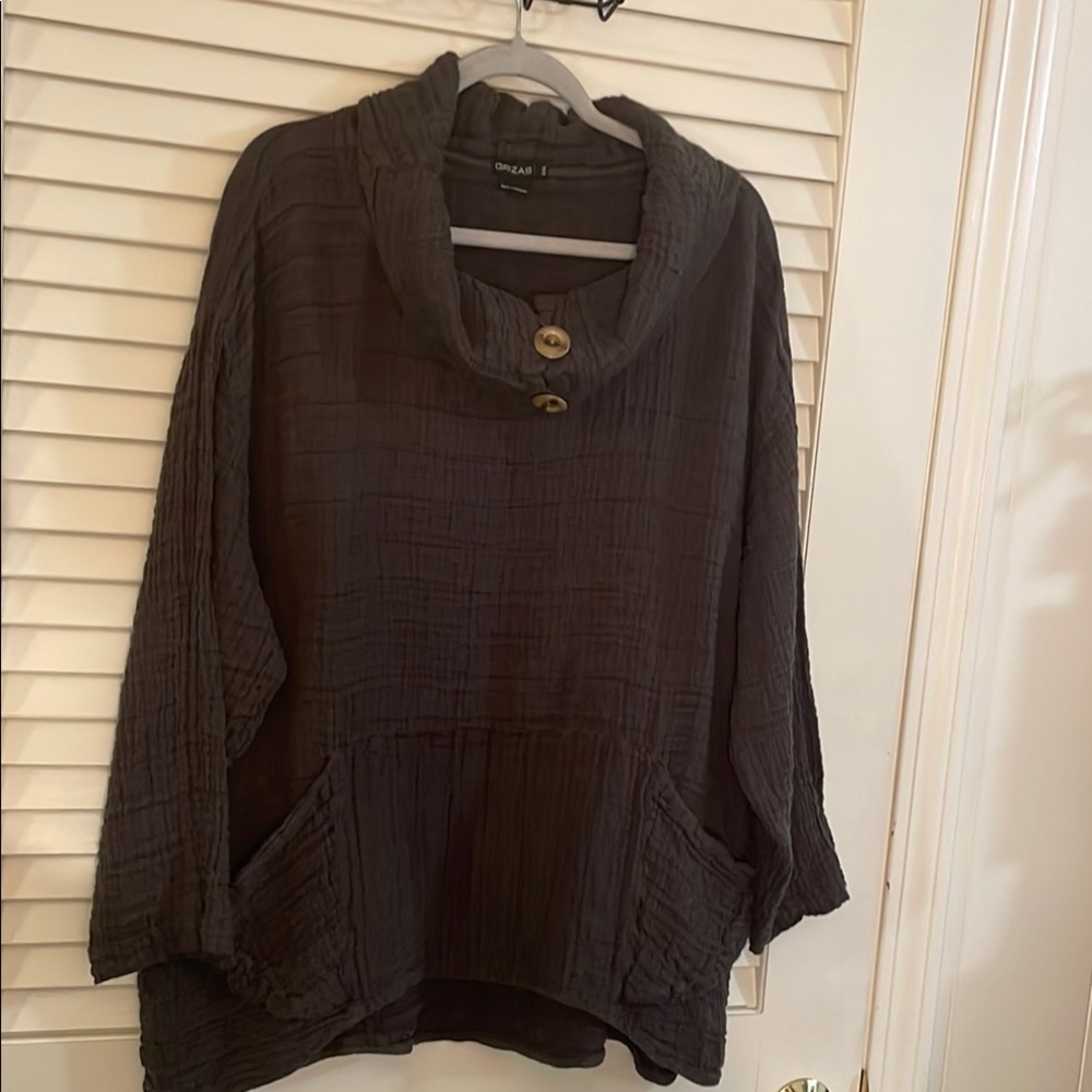 Grizas Moss Onque Button Cowl Neck Pullover Tunic